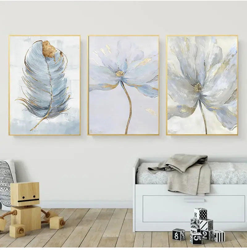 Three framed decorbites™ nordic flower abstract canvas art prints in soft blue white and gold hues with slender gold frames