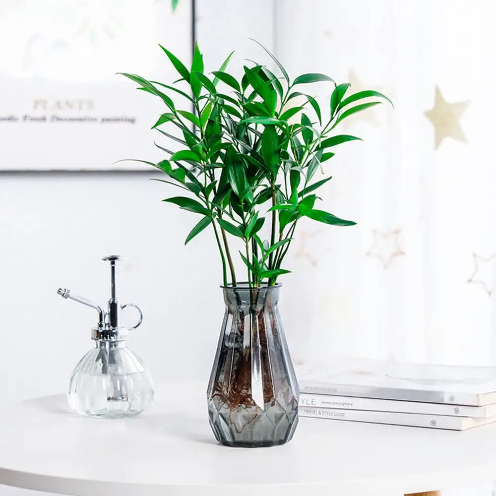 DecorBites™ nordic flower vase sleek gray faceted glass with vibrant green plant roots for modern home decor