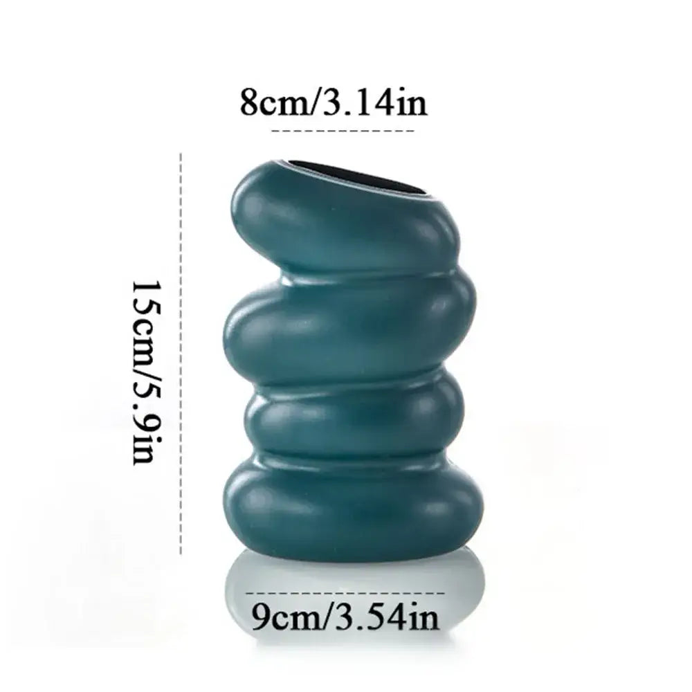 Teal ceramic nordic flower vase with stacked rounded segments and glossy finish for modern home decor