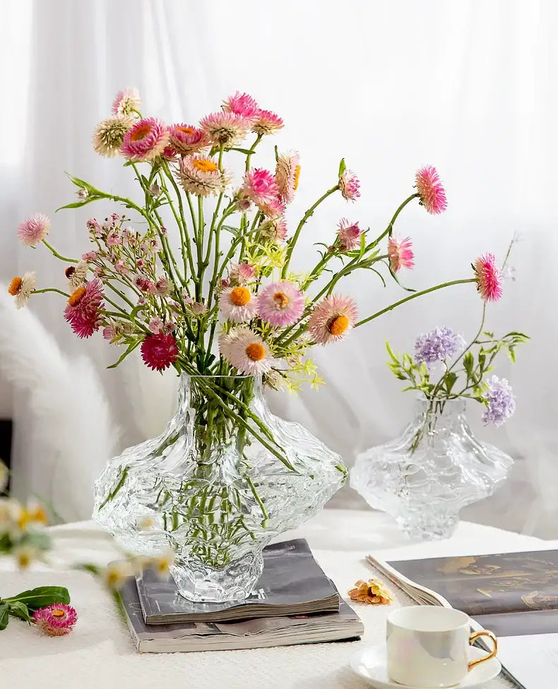 Decorbites™ nordic frosting glass vase with textured organic shape holding pink and white everlasting flowers