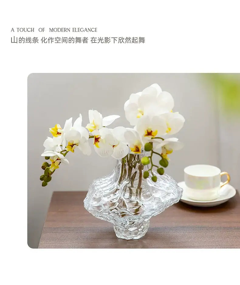 DecorBites™ nordic frosting glass vase with clear textured frosting glass holds white orchids for modern decor