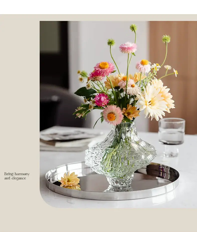 Clear intricately cut DecorBites™ nordic frosting glass vase with textured faceted design for modern home decor