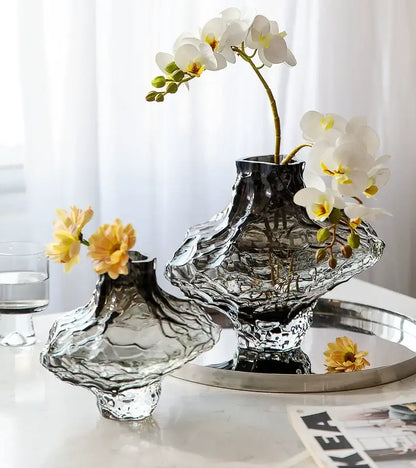 DecorBites™ Nordic Frosting glass vase textured dark gray and transparent finish holding elegant white orchids