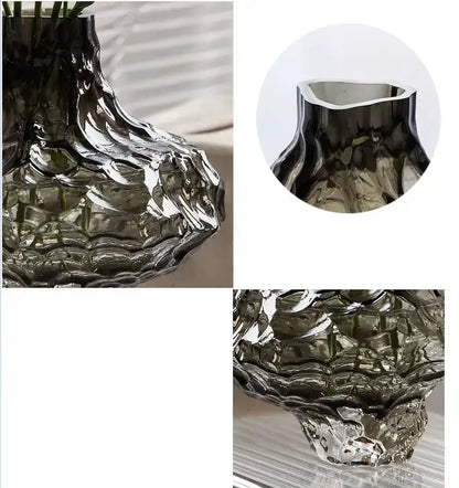 DecorBites Nordic Frosting glass vase in dark gray with textured sculpted form and wide irregular opening
