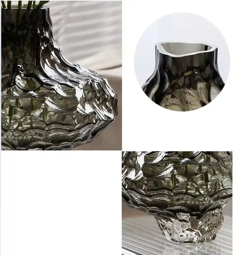 DecorBites Nordic Frosting glass vase in dark gray with textured sculpted form and wide irregular opening