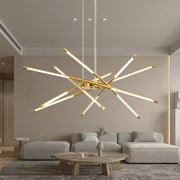 Gold-toned nordic geometry led chandelier with intersecting light bars and remote control by DecorBites™