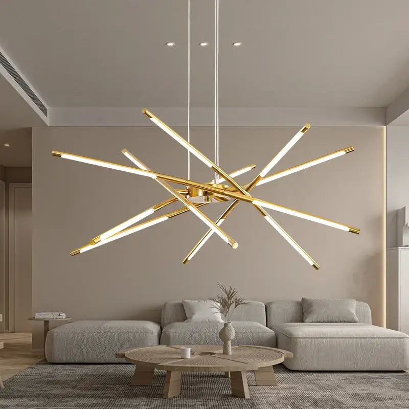 Gold-toned nordic geometry led chandelier with intersecting light bars and remote control by DecorBites™