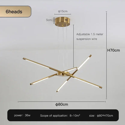 Gold-toned DecorBites™ Nordic Geometry led chandelier with six slender intersecting arms and remote control functionality