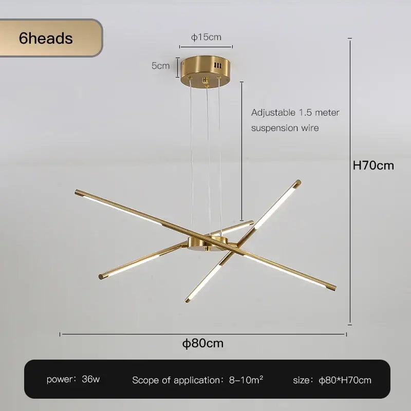 Gold-toned DecorBites™ Nordic Geometry led chandelier with six slender intersecting arms and remote control functionality