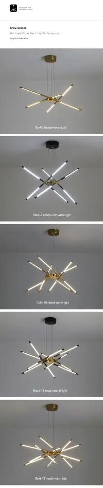 Gold-toned nordic geometry led chandelier with multiple arms and warm white lights featuring remote control