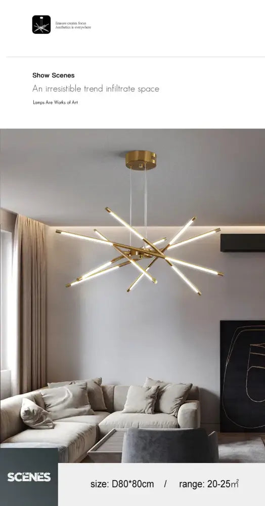 Gold-toned DecorBites™ nordic geometry led chandelier with slender arms and remote control for modern lighting