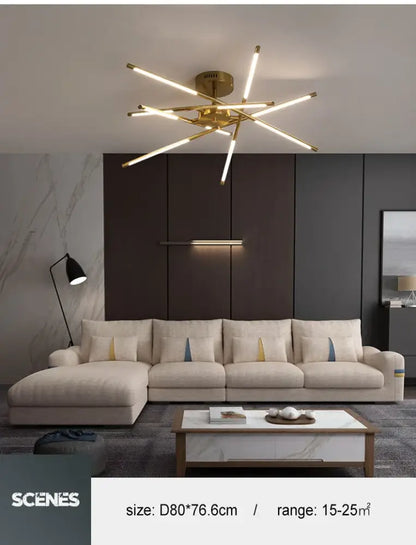 Gold-toned decorbites™ nordic geometry led chandelier with multiple slender arms and remote control functionality
