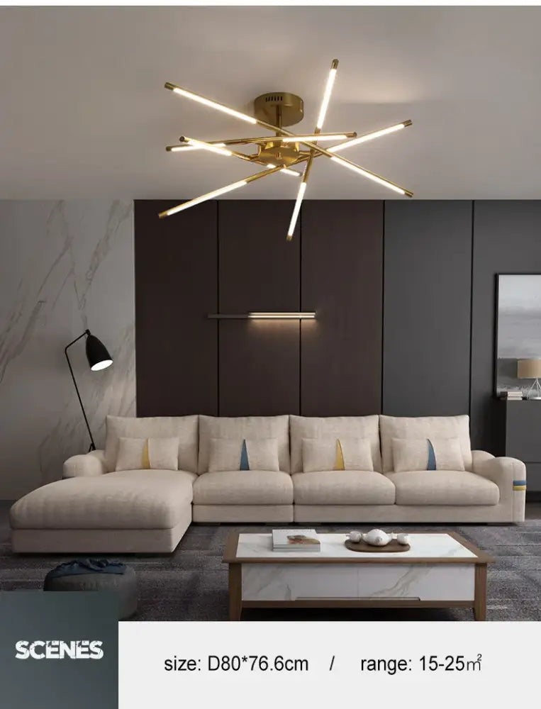 Gold-toned decorbites™ nordic geometry led chandelier with multiple slender arms and remote control functionality
