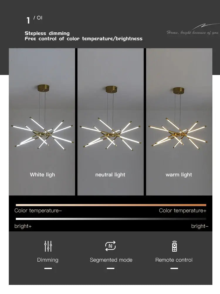 Modern gold-toned DecorBites™ nordic geometry led chandelier with multiple arms and remote control light settings