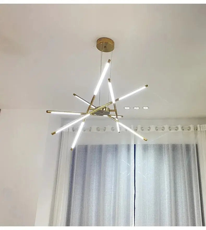 Modern gold-toned led chandelier with nordic geometry design and remote control featuring sleek angular light bars