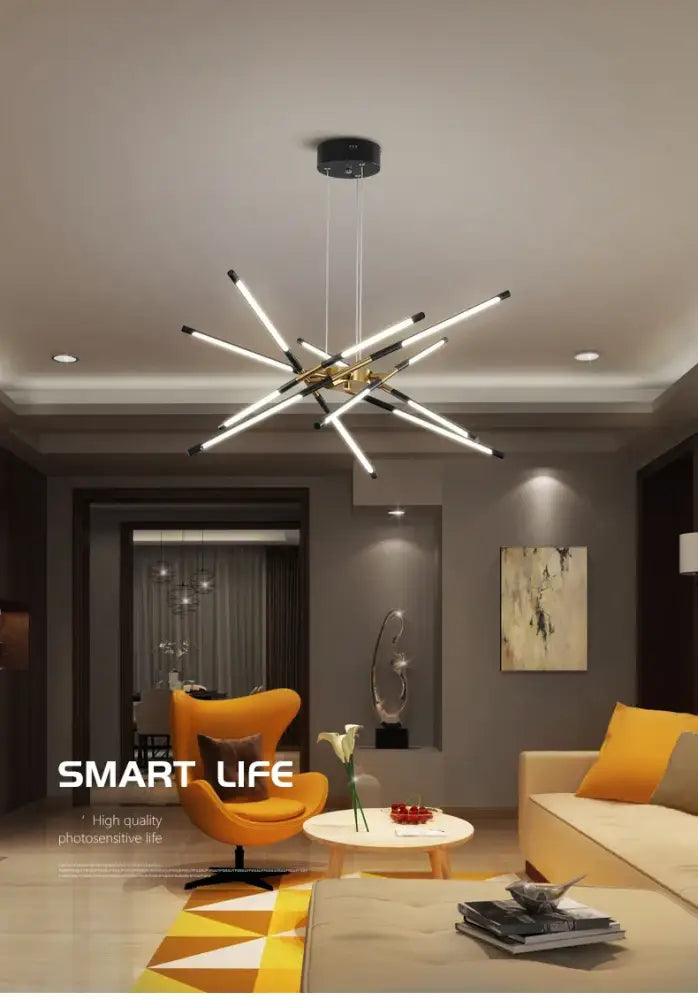 Modern geometric led chandelier with sleek white arms black accents and remote control nordic geometry design