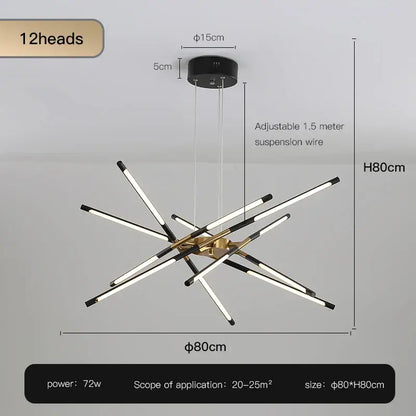 Modern black and gold led chandelier with 12 illuminated arms featuring nordic geometry design and remote control by decorbites