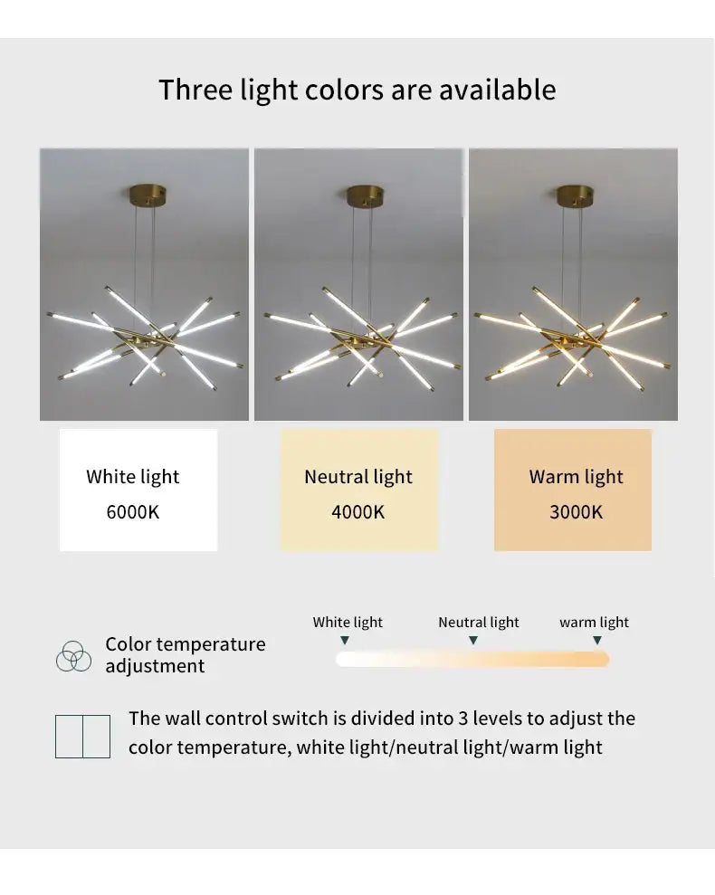 Modern brass-finished DecorBites Nordic geometry led chandelier with multiple arms and remote control emitting warm light