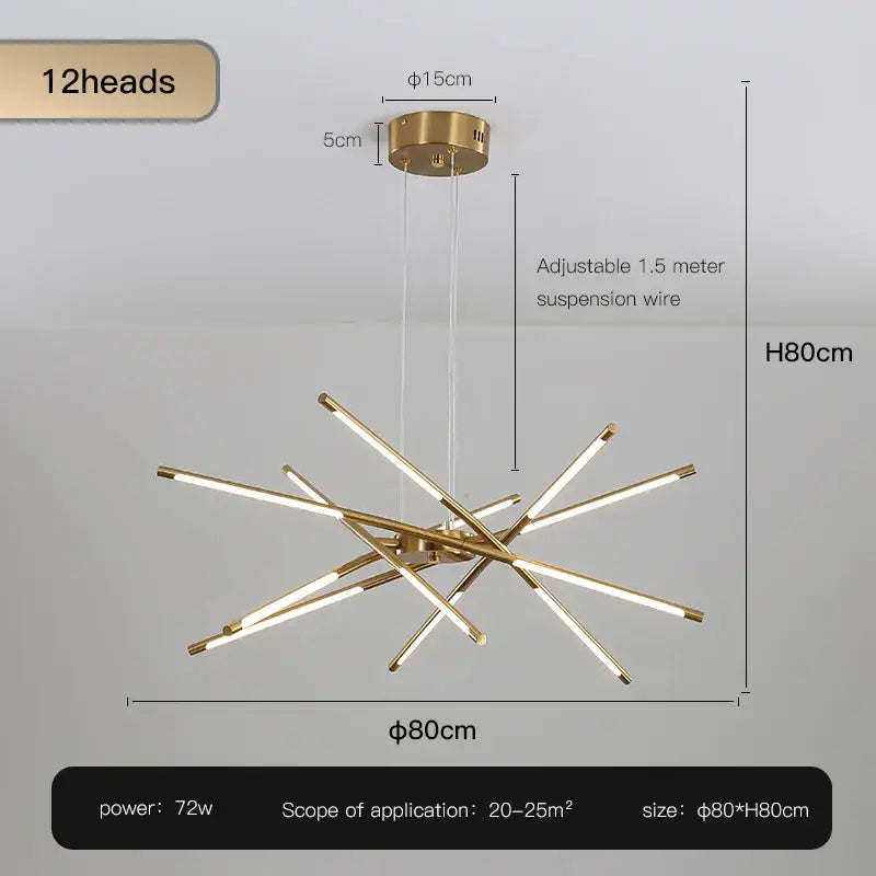 Modern gold-finished led chandelier with 12 illuminated arms featuring nordic geometry and remote control by DecorBites