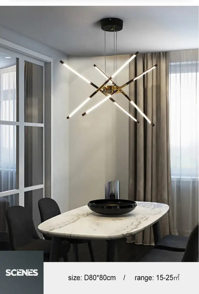 DecorBites nordic geometry led chandelier with remote control features intersecting gold-toned rods and illuminated strips