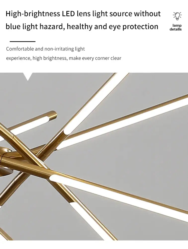 DecorBites™ nordic geometry led chandelier in gold tone with sleek arms and bright white light strips with remote control