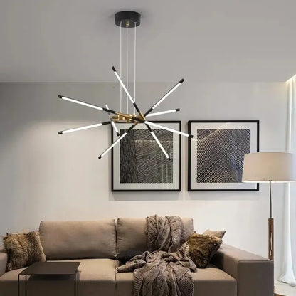 Modern black and brass nordic geometry led chandelier with sleek angular arms and remote control by DecorBites™
