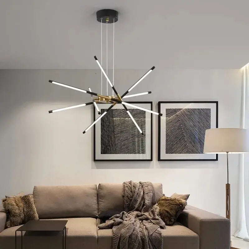 Modern black and brass nordic geometry led chandelier with sleek angular arms and remote control by DecorBites™
