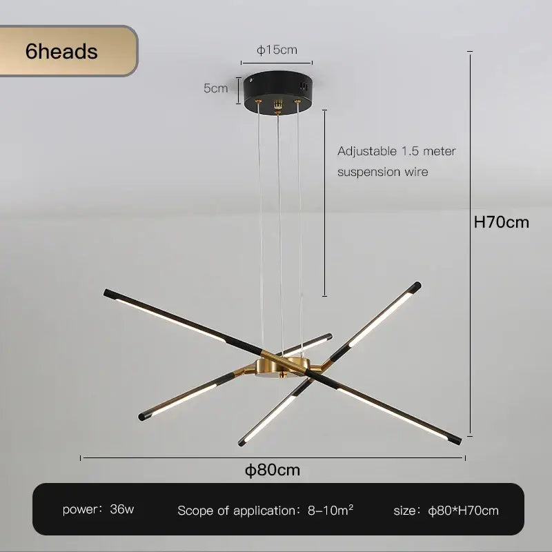 Modern black and gold six-head led chandelier with adjustable suspension from decorbites™ nordic geometry collection with remote control