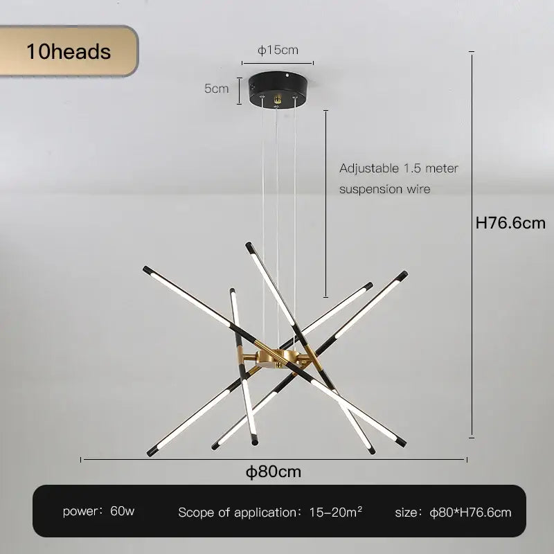 Modern nordic geometry led chandelier with ten black and gold arms and remote control for contemporary interiors