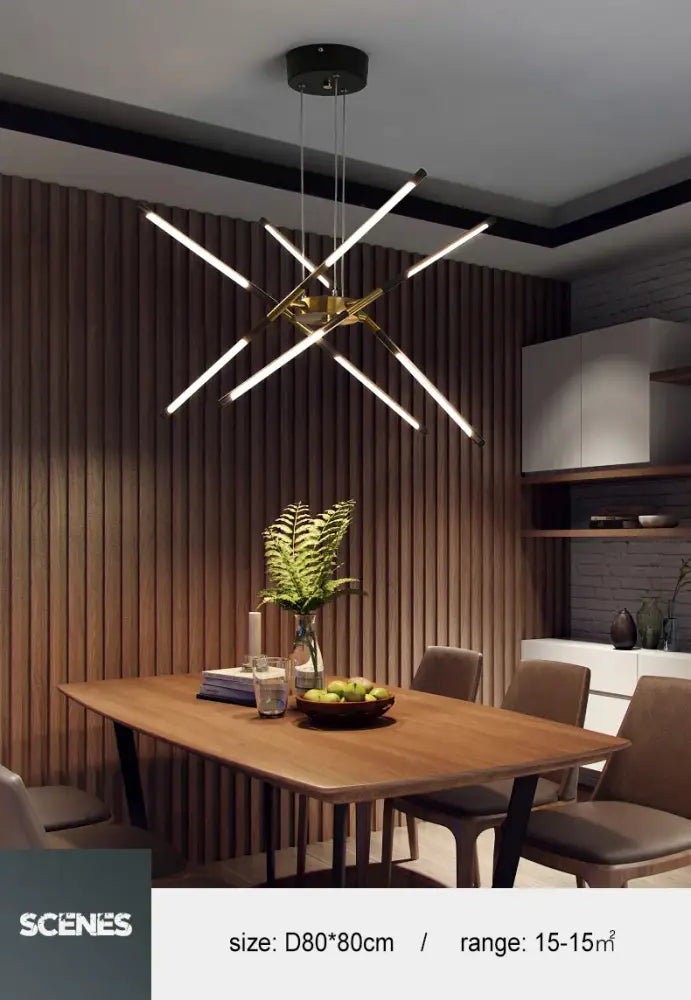 Modern geometric led chandelier with intersecting arms and central brass fixture by DecorBites™ nordic geometry remote control