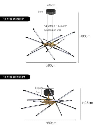 Modern 12-head led chandelier with nordic geometry design, brass hub, sleek black silver arms, and remote control by decorbites