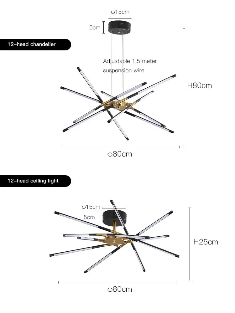 Modern 12-head led chandelier with nordic geometry design, brass hub, sleek black silver arms, and remote control by decorbites