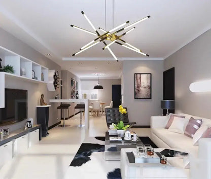 Modern gold and black led chandelier with nordic geometry design and remote control featuring illuminated arms