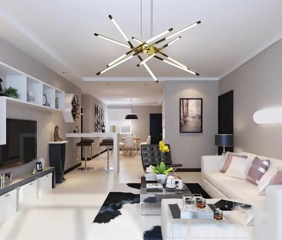 Modern gold and black led chandelier with nordic geometry design and remote control featuring illuminated arms