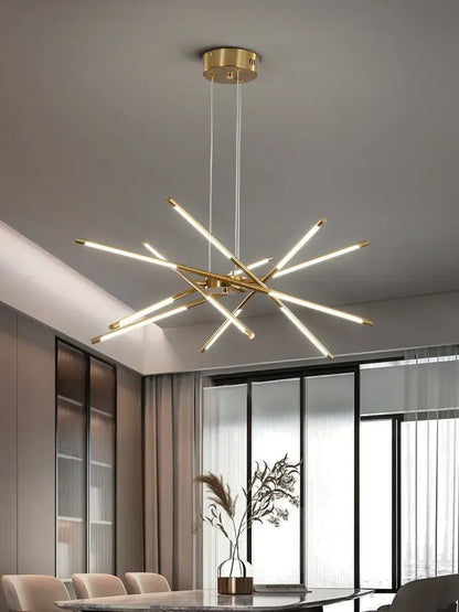 Modern gold-toned led chandelier with sleek intersecting rods featuring nordic geometry and remote control by DecorBites
