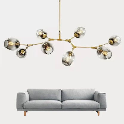 Modern brass nordic glass ball led chandelier with smoked glass globe shades and exposed filament bulbs in black gold color