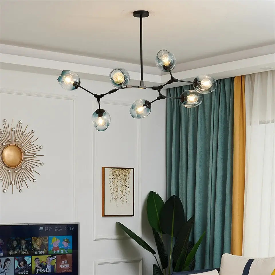 DecorBites Nordic glass ball led chandelier in black metal with clear glass globes for modern interior lighting