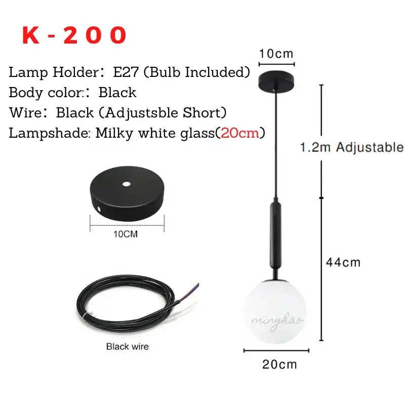 DecorBites™ Nordic glass ball pendant light features a black metal fixture with a milky white glass globe light source