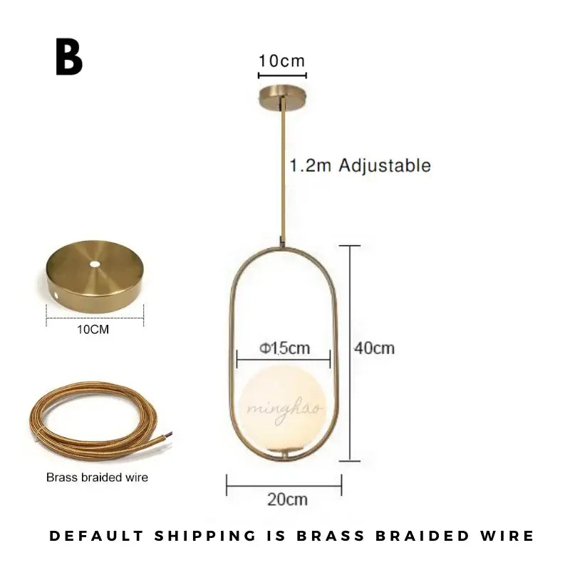 DecorBites™ nordic glass ball pendant light with modern brass oval frame and frosted glass shade light source