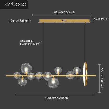 Decorbites™ nordic glass bubble led chandelier in gold tone with clear glass bubble globe bulbs and sleek horizontal bar design