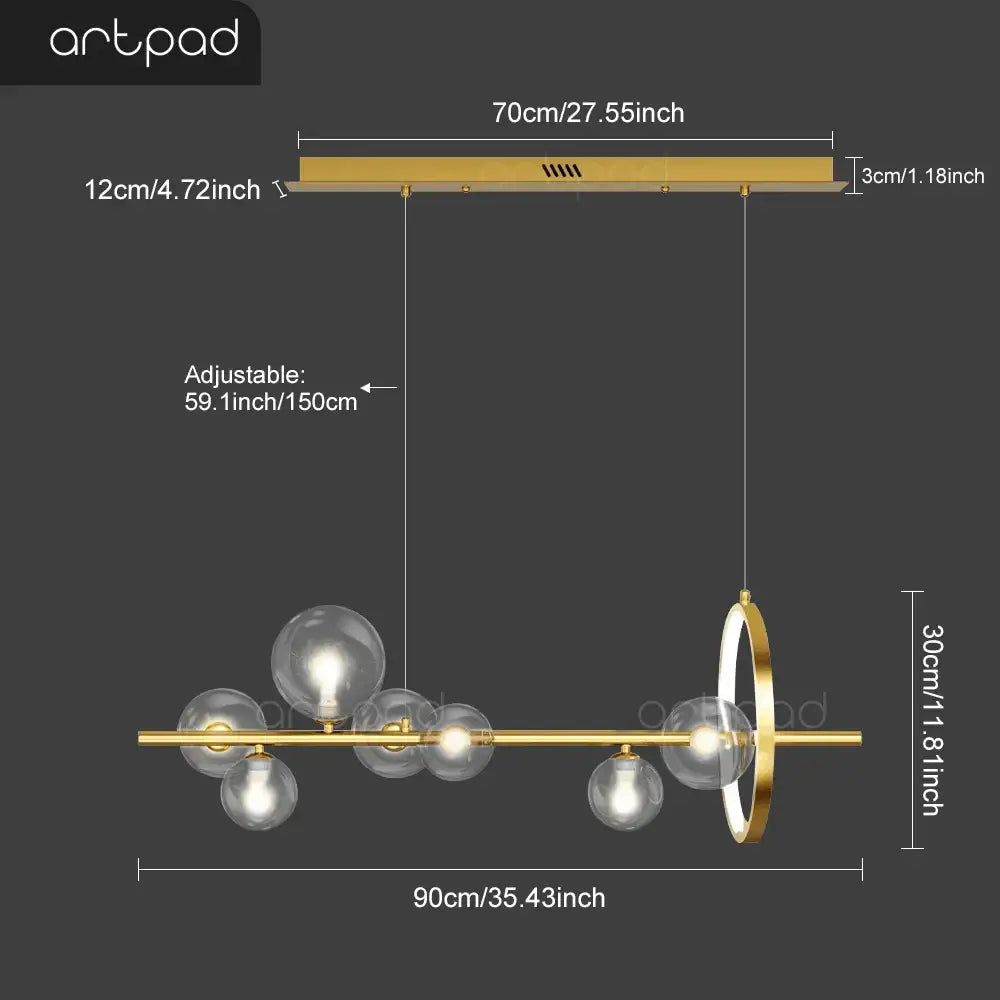 Gold-toned modern pendant light with clear glass bubble LED bulbs and circular accent from DecorBites™ nordic glass bubble chandelier