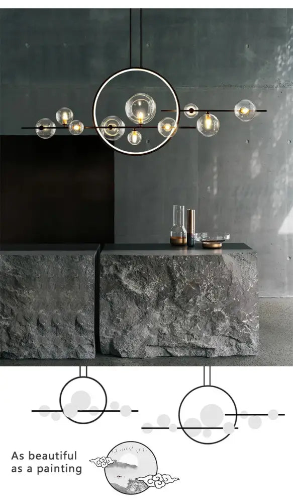 Modern minimalist decorbites nordic glass bubble led chandelier in black metal with clear glass bubble spheres suspended by wires