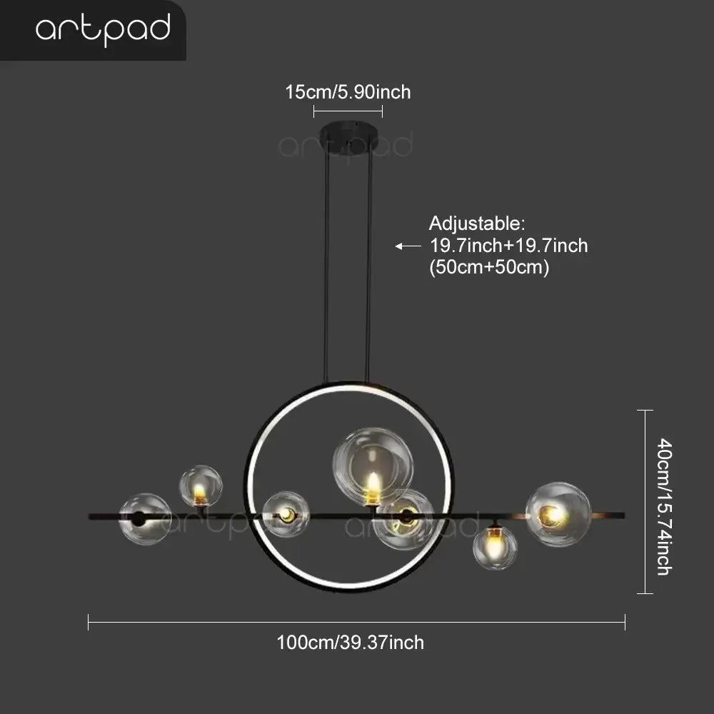 DecorBites™ nordic glass bubble led chandelier in black with clear glass pendant and spherical bulbs on circular frame