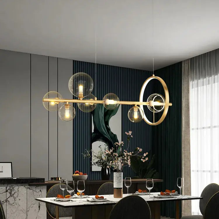 DecorBites™ nordic glass bubble led chandelier in black with gold-toned spherical glass globes and circular metal accents