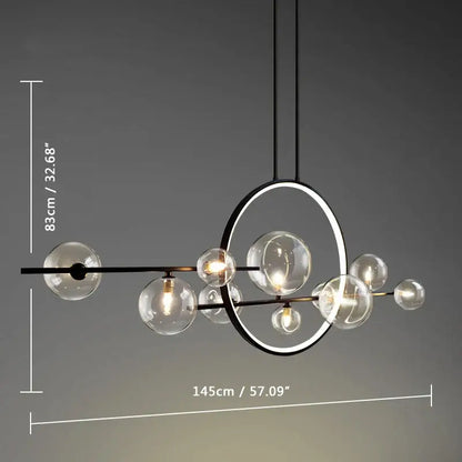 Modern black metal chandelier featuring clear glass bubble spheres and a nordic glass bubble led circular ring design