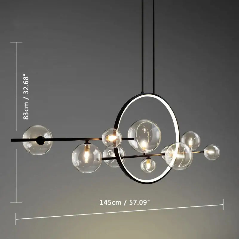 Modern black metal chandelier featuring clear glass bubble spheres and a nordic glass bubble led circular ring design