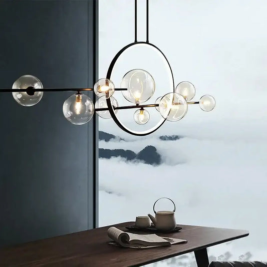 Modern black metal nordic glass bubble led chandelier with clear glass globe bulbs arranged circularly and linearly
