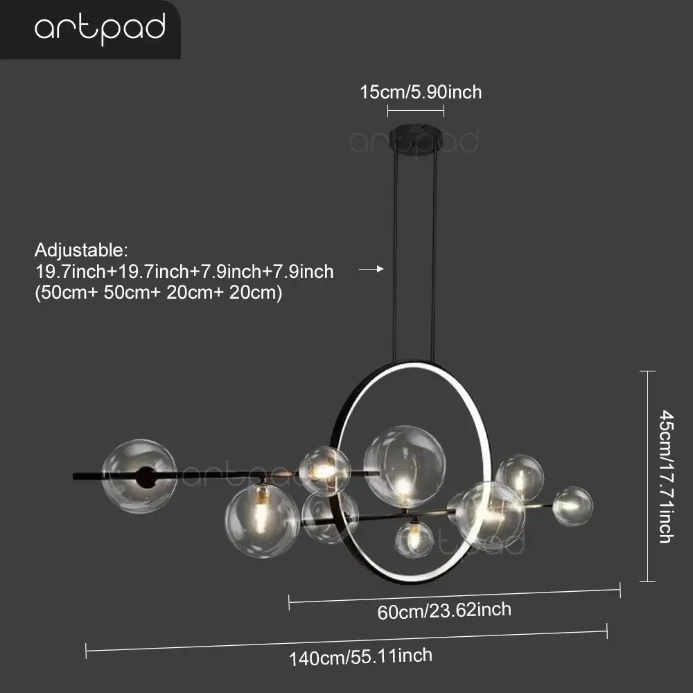 Modern black metal DecorBites™ Nordic glass bubble LED chandelier with clear glass globe bulbs and circular frame