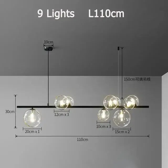 Modern black metal chandelier featuring nine clear nordic glass bubble led bulbs of varying sizes by decorbites