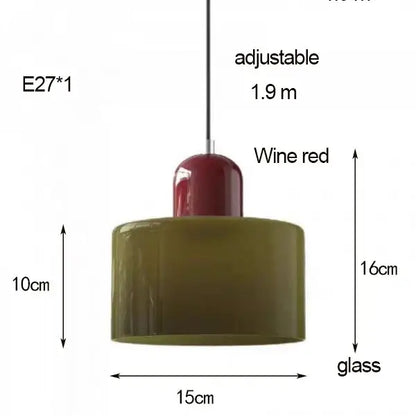 Wine red glass chandelier with cylindrical shade and metallic top from decorbites nordic glass chandelier collection for bedroom and bar